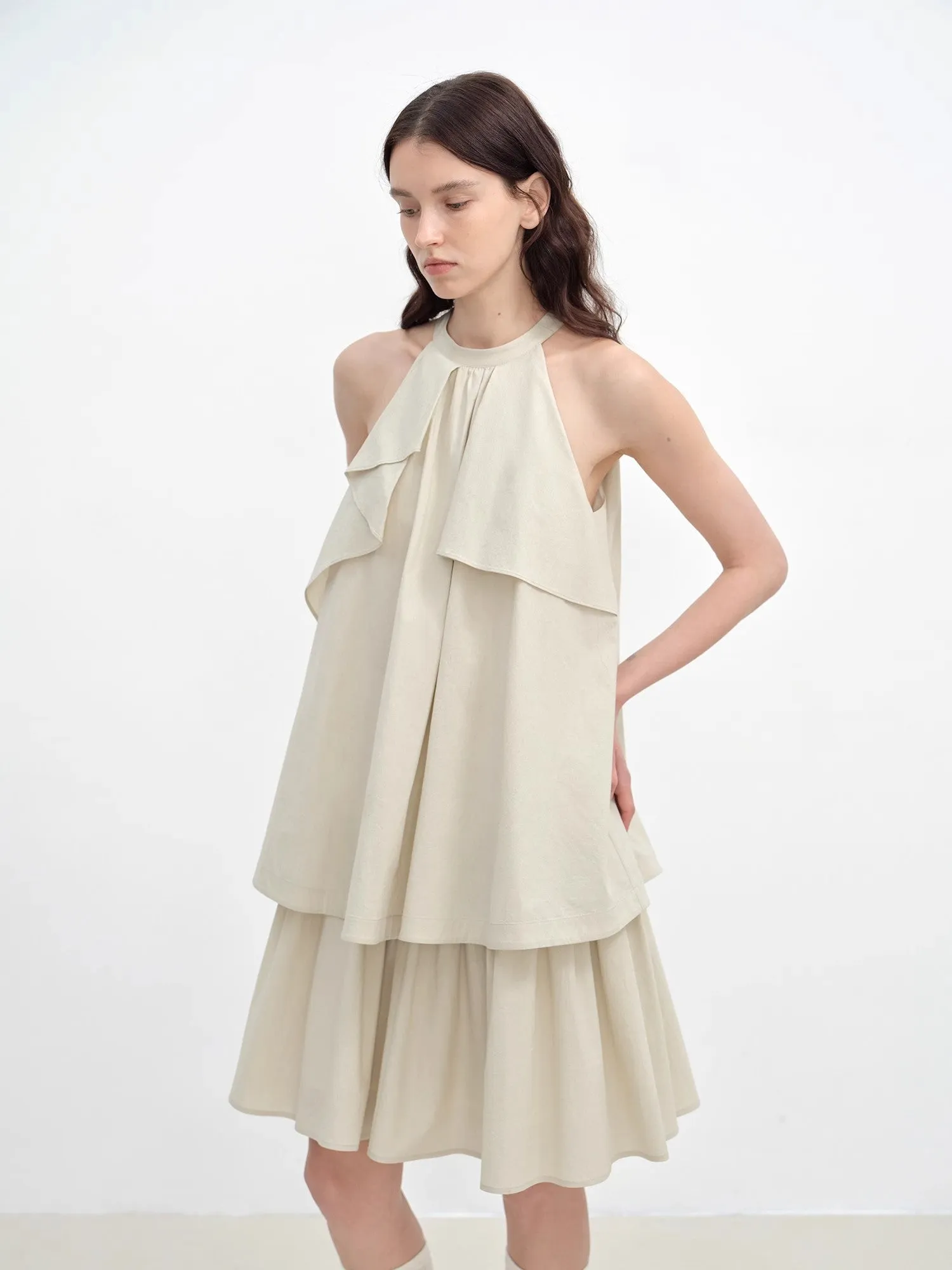 "Floating Island Manor" small stand-up collar design asymmetrical halter dress sold by Firelady Sheepskin product image thumbnail 5