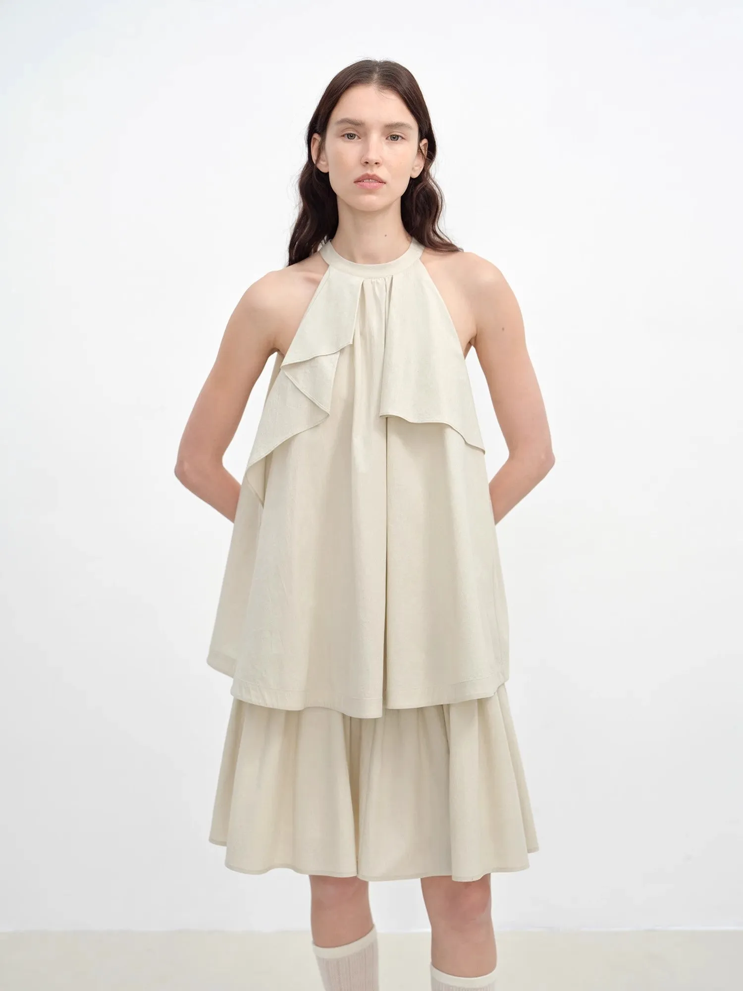 "Floating Island Manor" small stand-up collar design asymmetrical halter dress sold by Firelady Sheepskin product image thumbnail 2