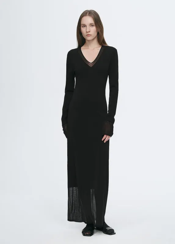 Elegant and intellectual triacetate Tencel blended skin-friendly transparent splicing design V-neck dress sold by Firelady Sheepskin
