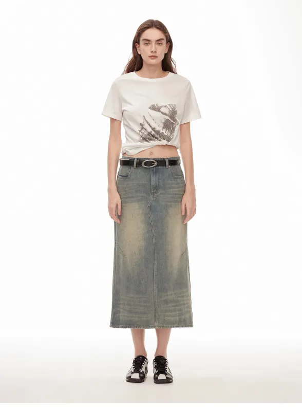 "Dawn Denim" retro old enzyme washed mid-low waist slim fishtail flared slim denim skirt sold by Firelady Sheepskin