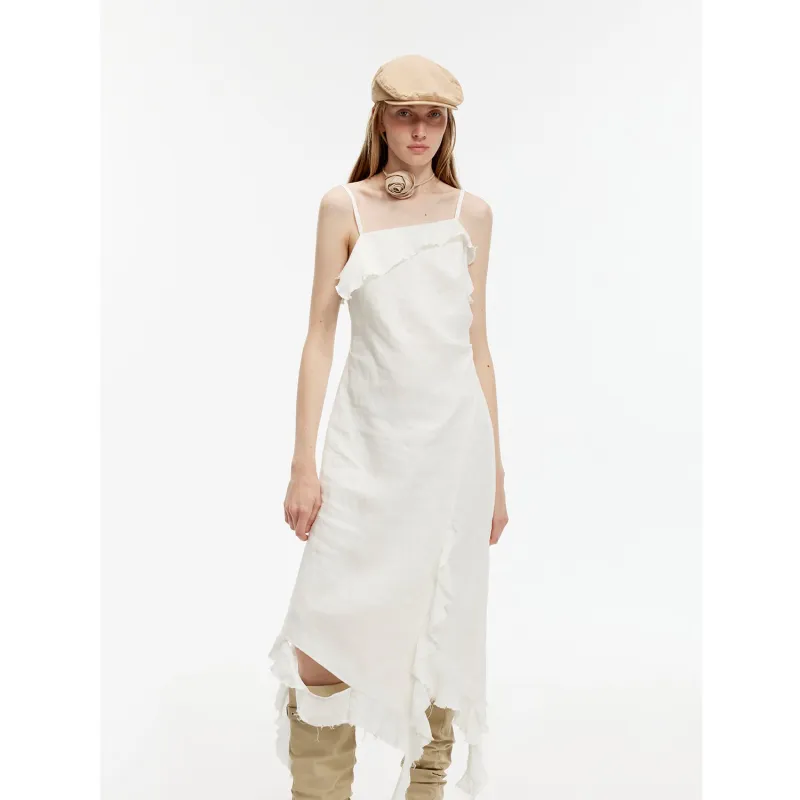 "Summer Whisper" Sand-washed Linen Sling Ruffled Irregular Fit Sling Dress sold by Firelady Sheepskin
