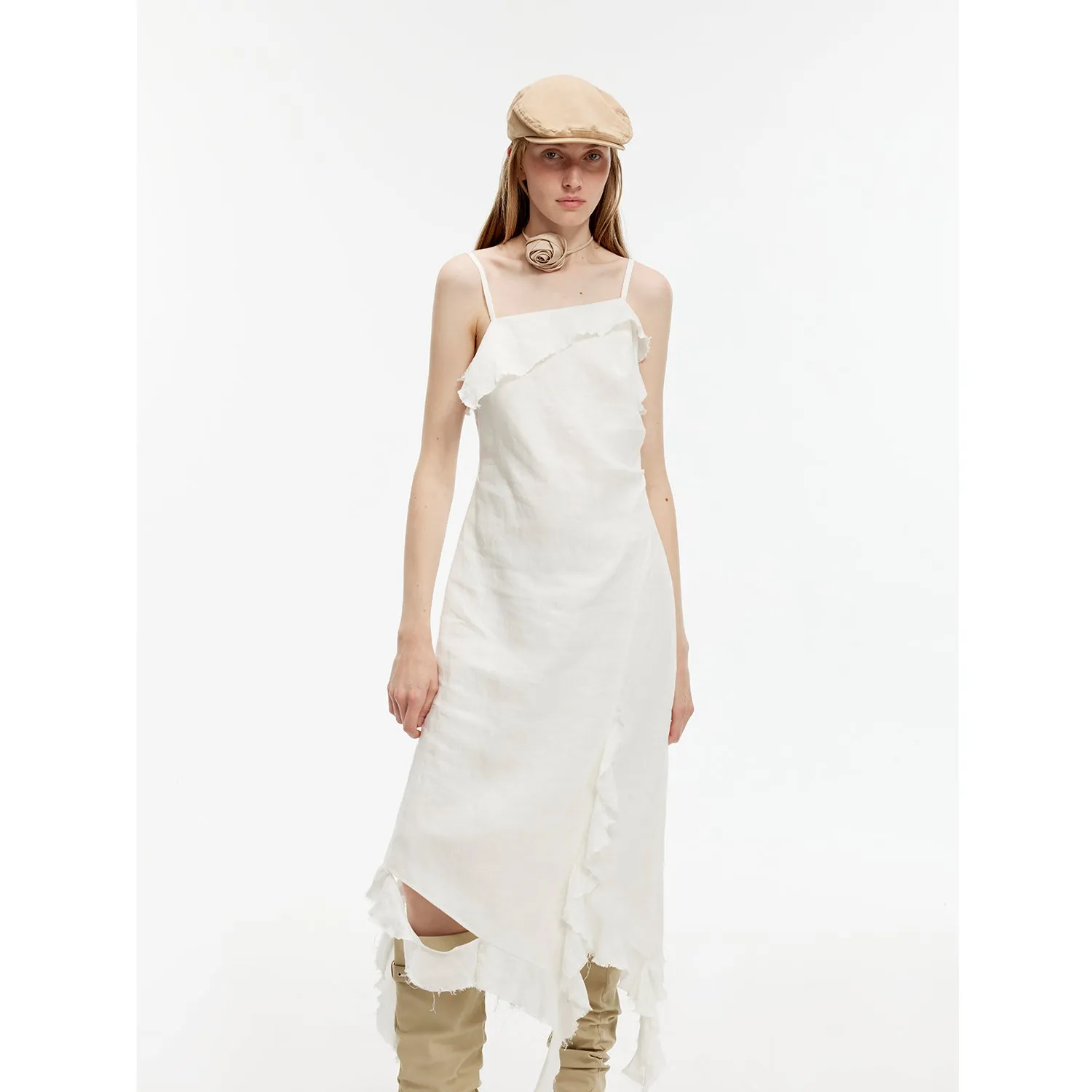 "Summer Whisper" Sand-washed Linen Sling Ruffled Irregular Fit Sling Dress sold by Firelady Sheepskin