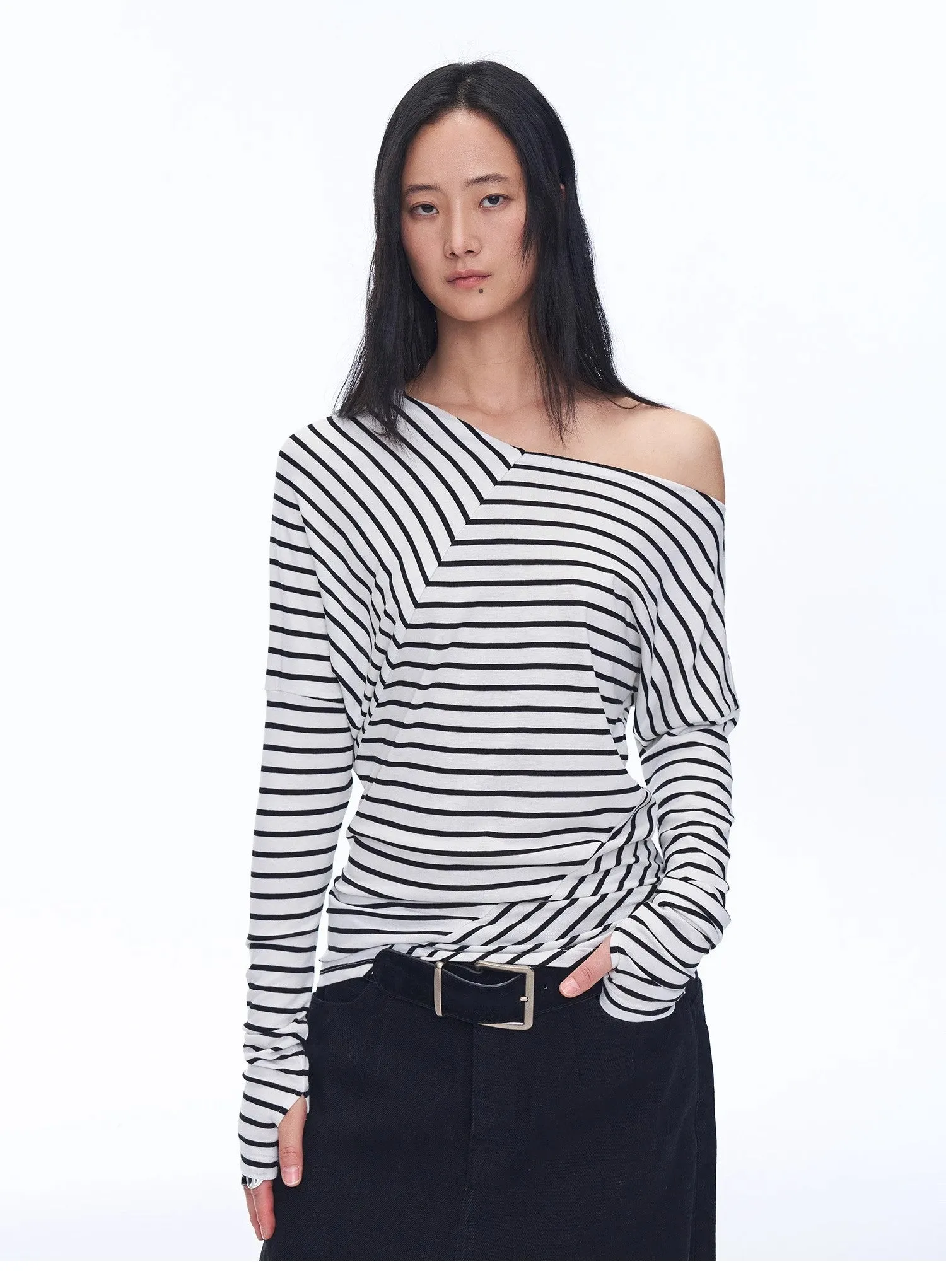 "Picasso Lines" fashionable off-shoulder Lyocell Tencel wool blended draped patchwork striped T-shirt sold by Firelady Sheepskin product image thumbnail 2
