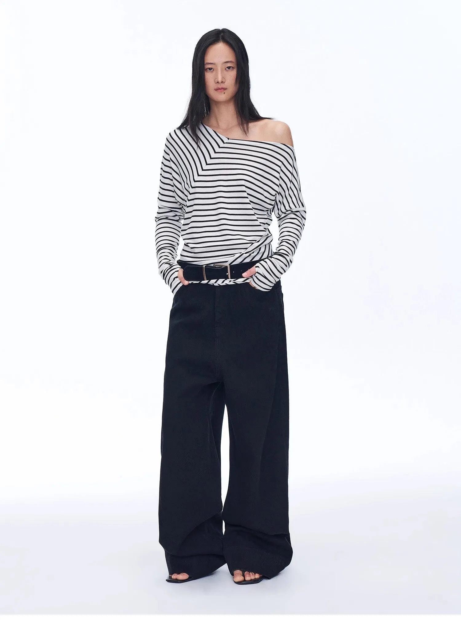 "Picasso Lines" fashionable off-shoulder Lyocell Tencel wool blended draped patchwork striped T-shirt sold by Firelady Sheepskin