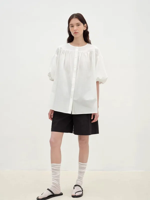 "Romantic Line Drawing" Pure Cotton Slightly Wrinkled Puff Sleeve Short Top for Women sold by Firelady Sheepskin