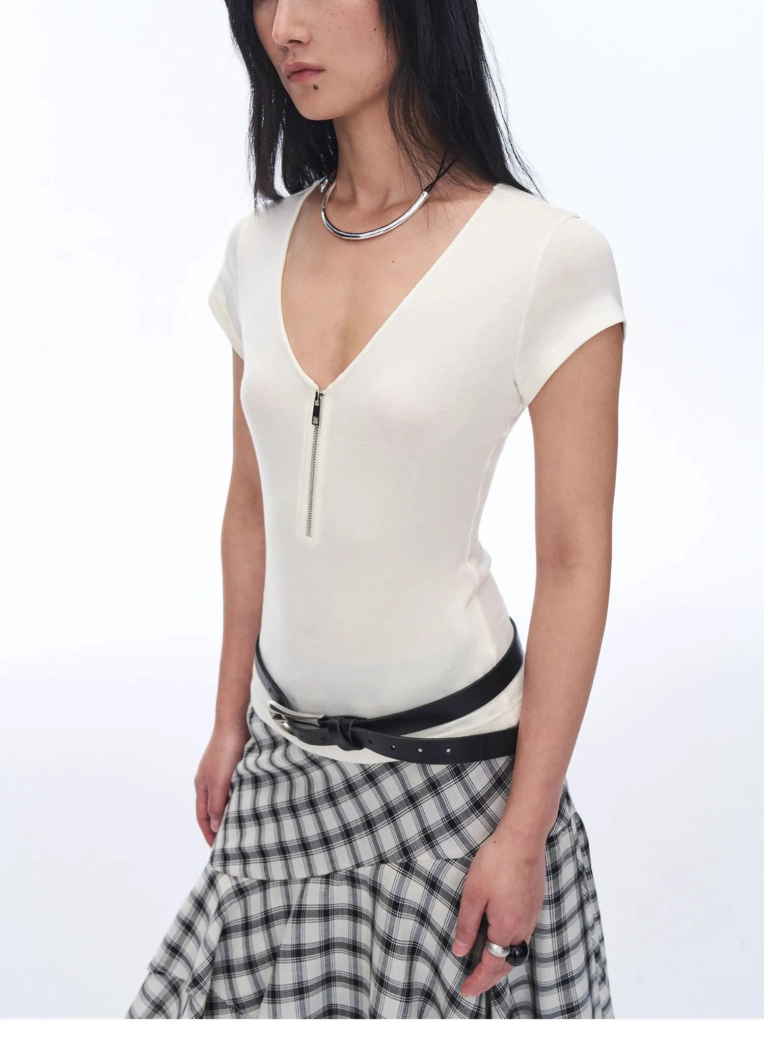 "Simple Color Silent Film" Australian Wool Tencel V-neck Zipper T-shirt sold by Firelady Sheepskin product image thumbnail 5