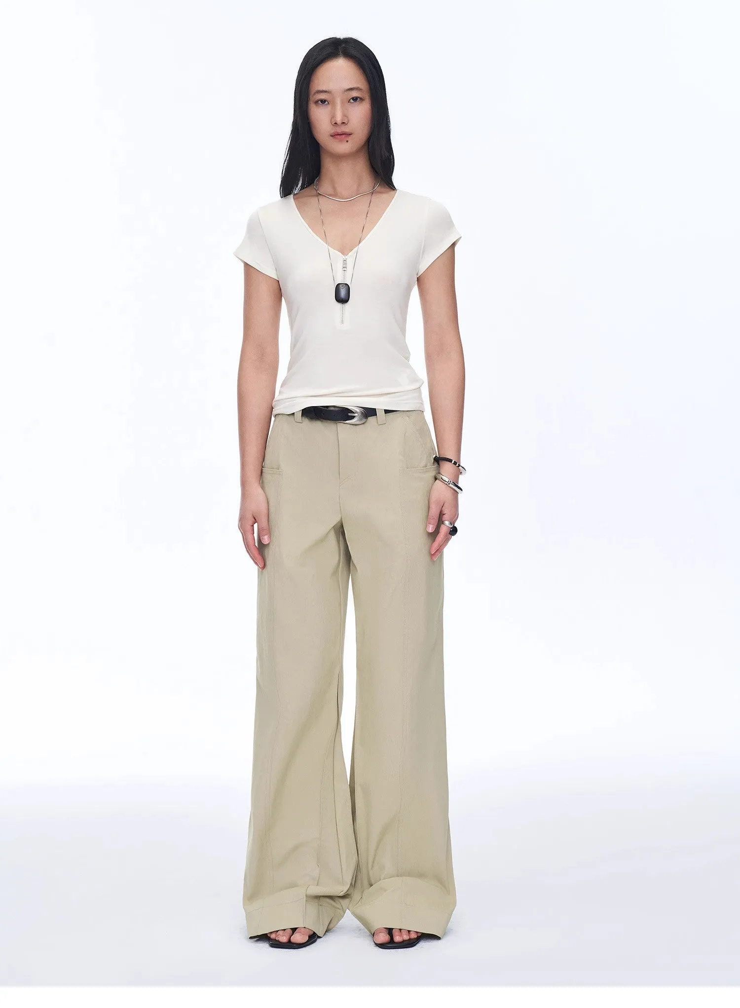 "Simple Color Silent Film" Australian Wool Tencel V-neck Zipper T-shirt sold by Firelady Sheepskin