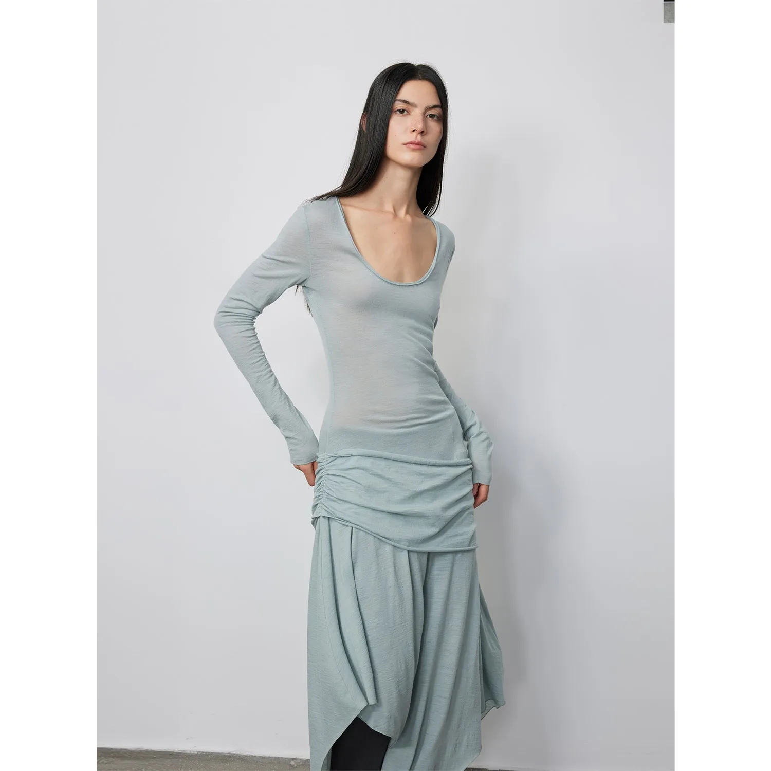 "Dreamy Ball" Lightweight and Breathable 100% Wool / U-neck Irregular Hem Long Dress for Women sold by Firelady Sheepskin product image thumbnail 5