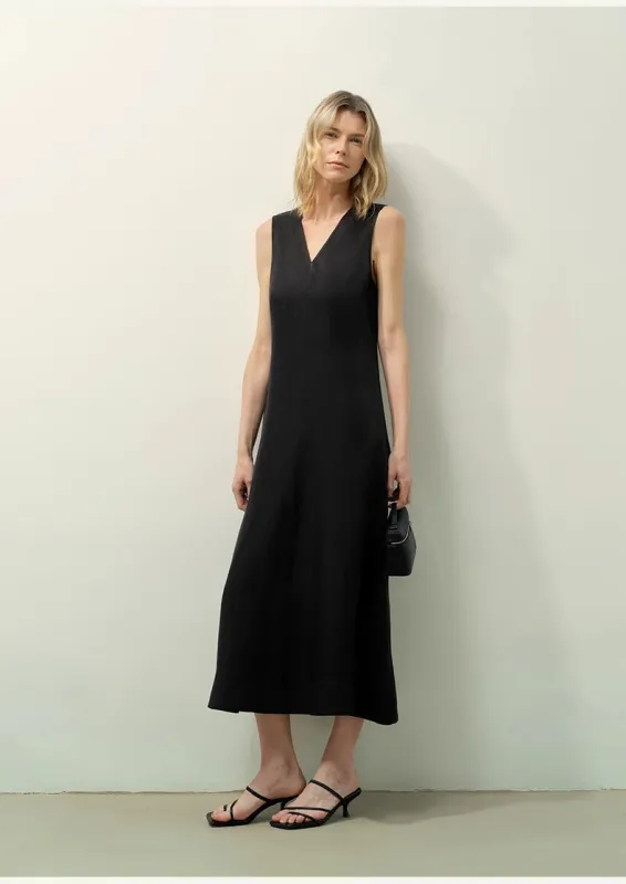Lightweight and zero-pressure cupro linen textured anti-wrinkle V-neck sleeveless A-line dress sold by Firelady Sheepskin