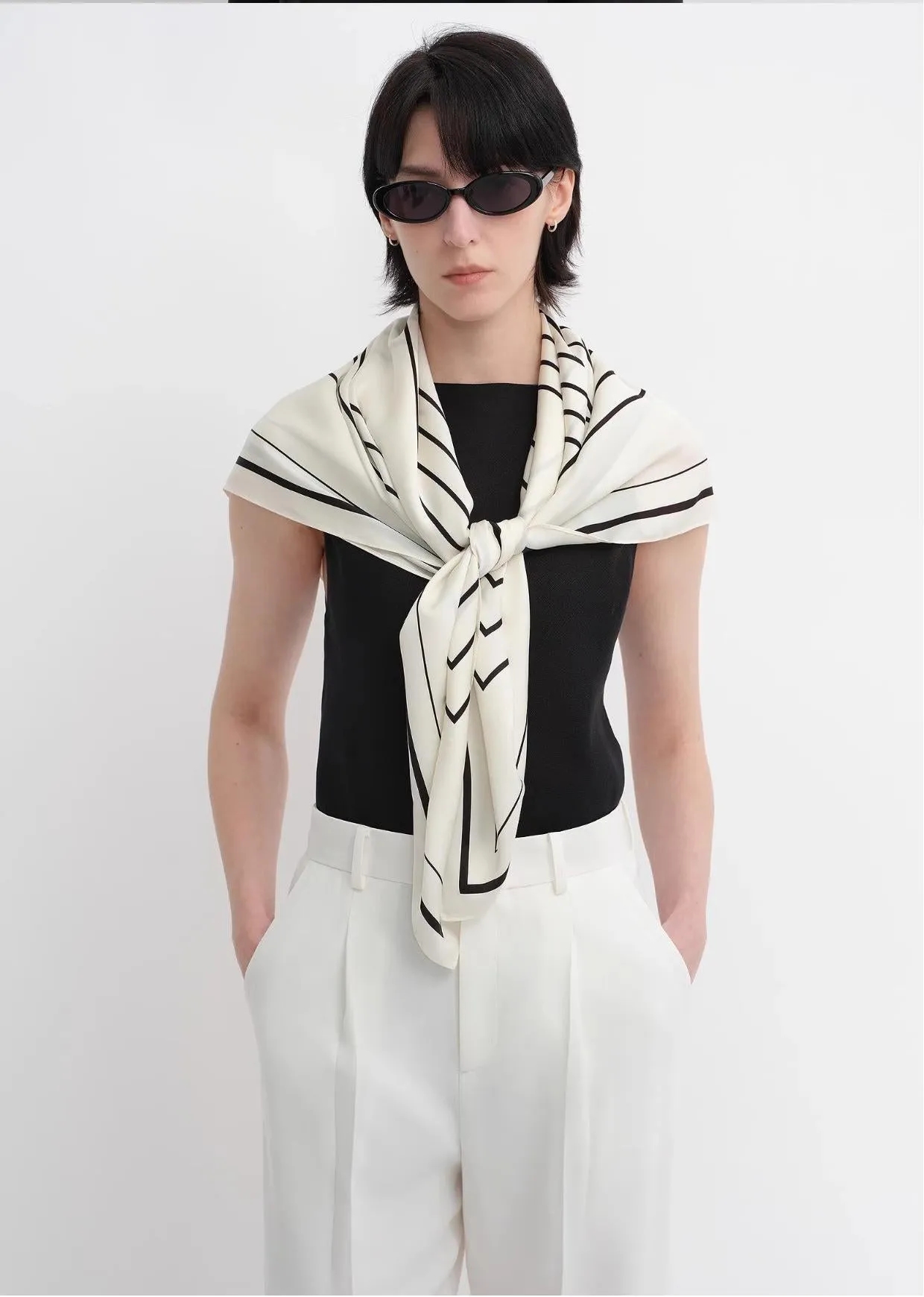 Stretch silk original geometric print silk scarf sold by Firelady Sheepskin