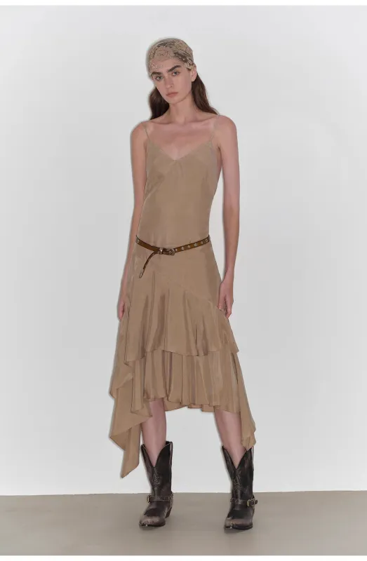 "Heart-beating Invitation" Lazy copper-ammonia rayon V-neck irregular adjustable mid-length suspender dress sold by Firelady Sheepskin
