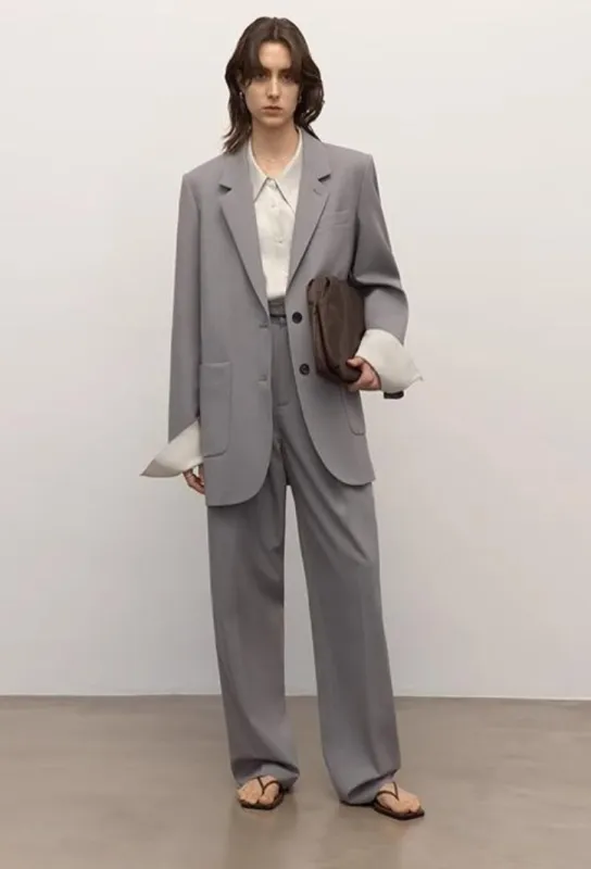 Heavy fine twill worsted wool, asymmetrical collar design, basic classic two-button suit made by Firelady Sheepskin