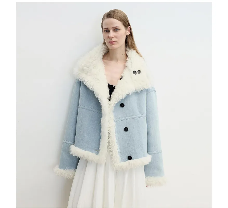 "Mint Glacier"Flip Collar Reversible Shearling Denim Wool Jacket sold by Firelady Sheepskin