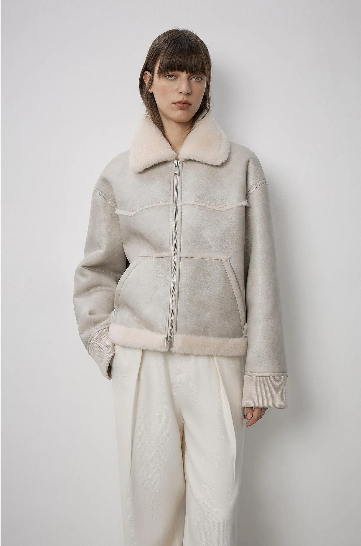 "Makino's Fun" Lapel Wool Artificial Compound Leather Short Style Shearling Jacket sold by Firelady Sheepskin product image thumbnail 3