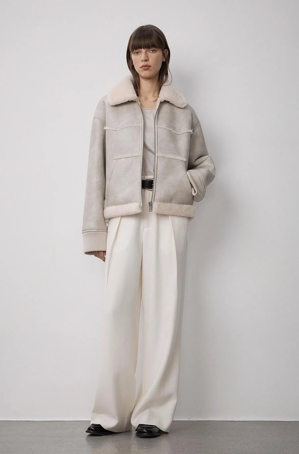 "Makino's Fun" Lapel Wool Artificial Compound Leather Short Style Shearling Jacket sold by Firelady Sheepskin product image thumbnail 4