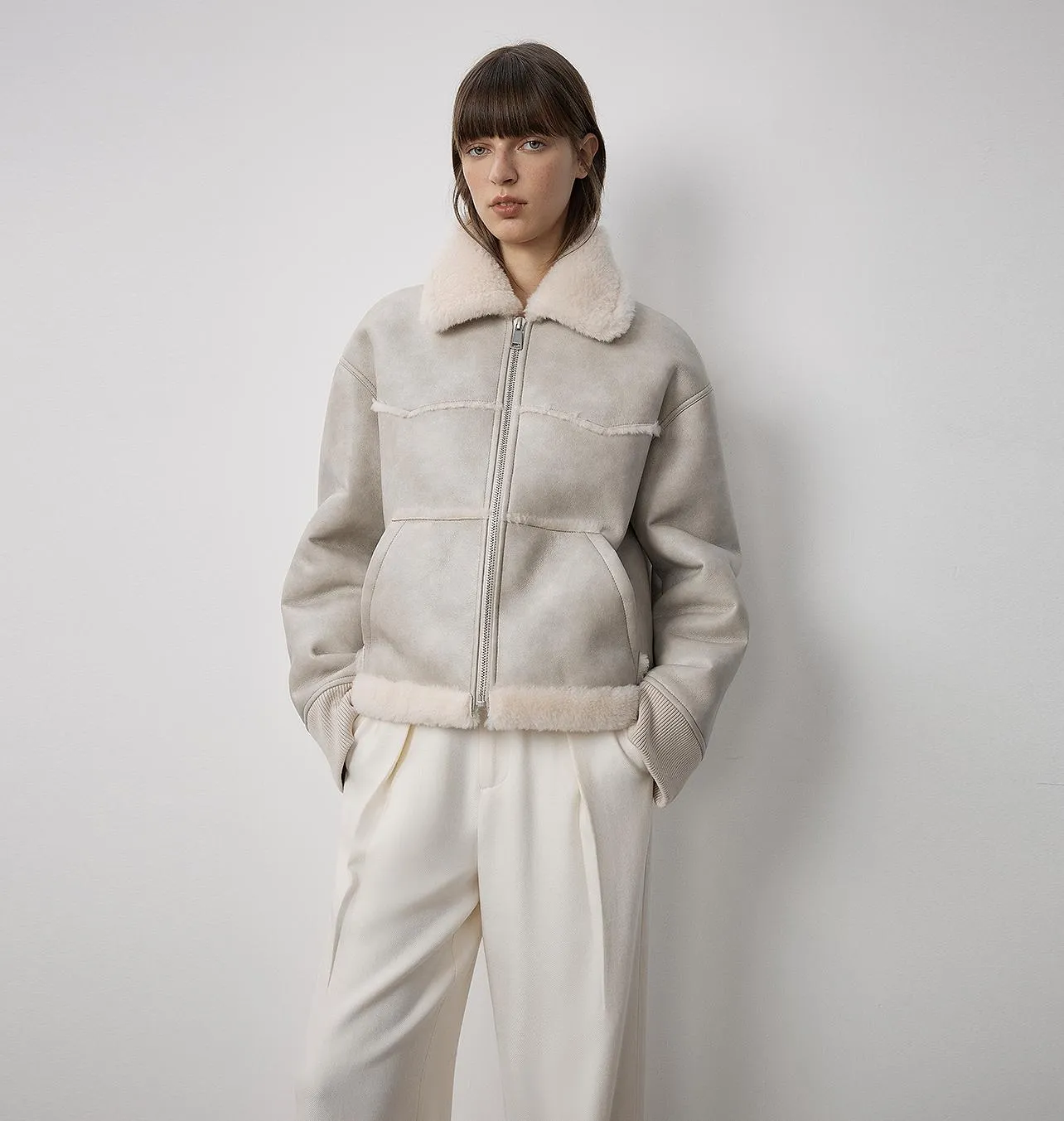 "Makino's Fun" Lapel Wool Artificial Compound Leather Short Style Shearling Jacket sold by Firelady Sheepskin product image thumbnail 2