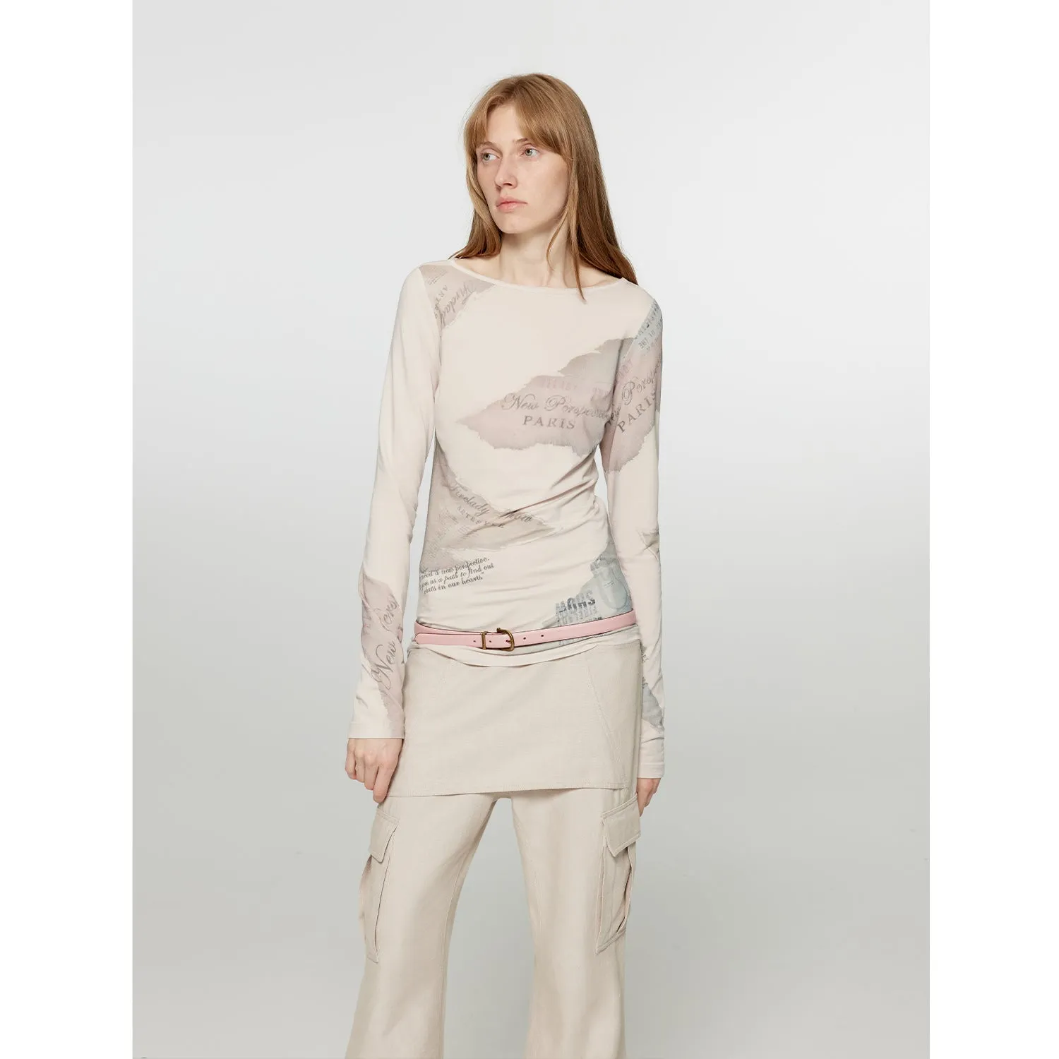 "Letter from Morning and Evening" Silk Cotton Blended/Original Printed One-line Collar Long Sleeve T-Shirt Women's Fitted Top Spring sold by Firelady Sheepskin product image thumbnail 2