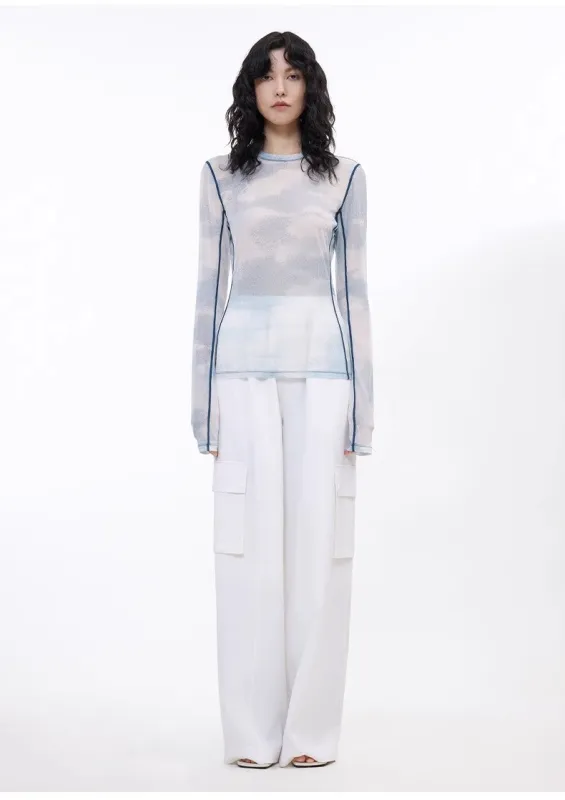 Smudge-printed mesh slightly see-through long-sleeved T-shirt for women sold by Firelady Sheepskin