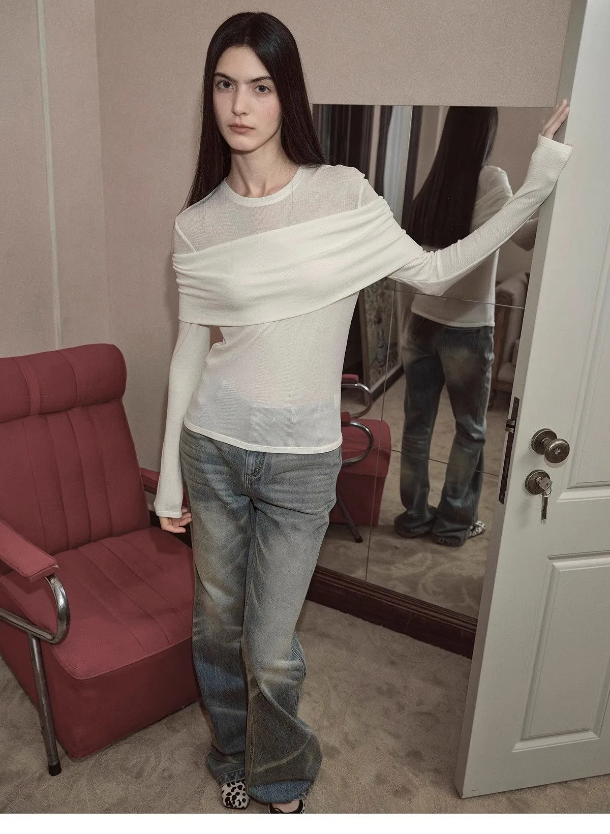 "Modern Tricks" personalized layered Tencel wool fake two-piece splicing one-shoulder versatile knitted top sold by Firelady Sheepskin