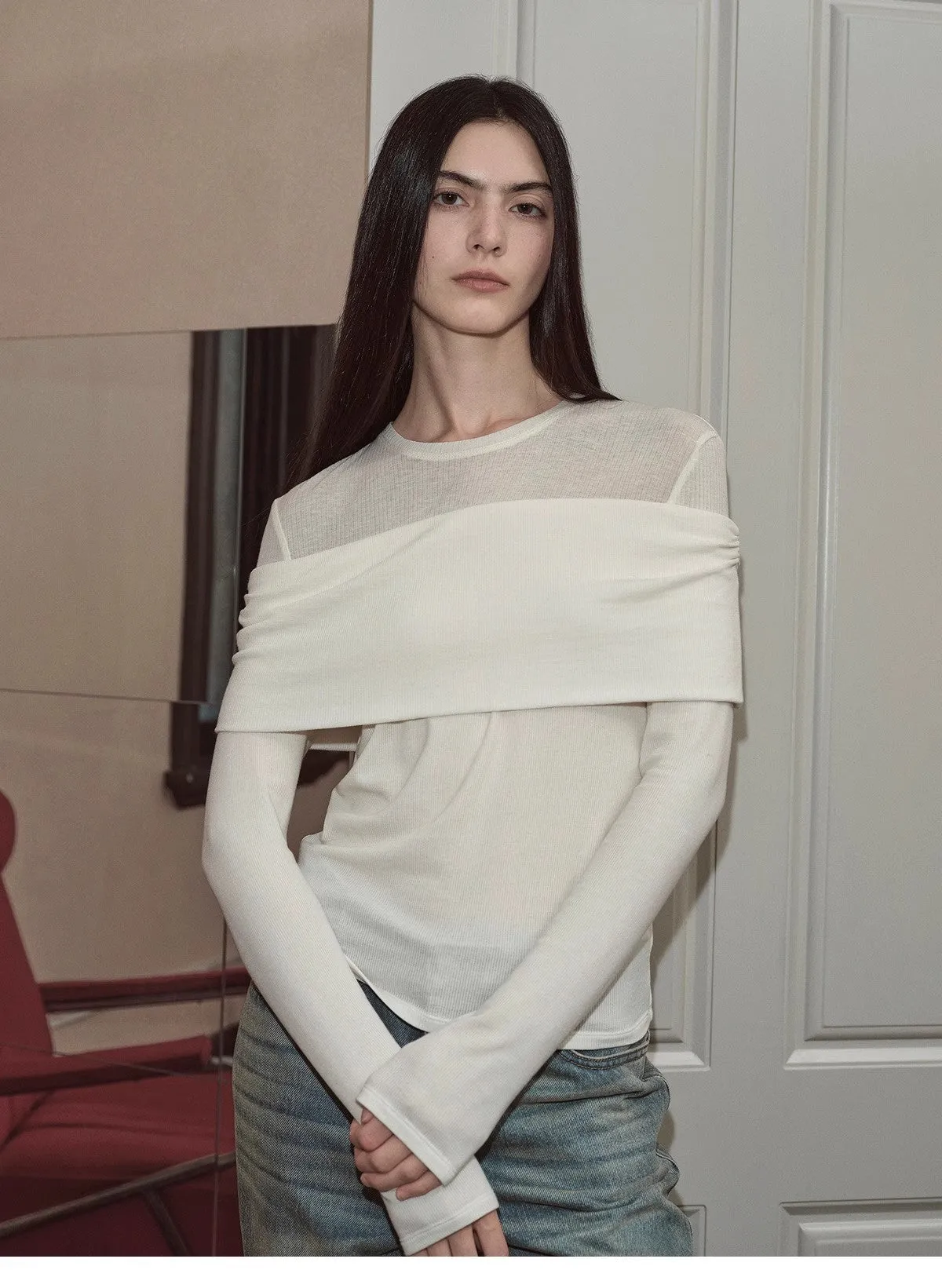 "Modern Tricks" personalized layered Tencel wool fake two-piece splicing one-shoulder versatile knitted top sold by Firelady Sheepskin product image thumbnail 2