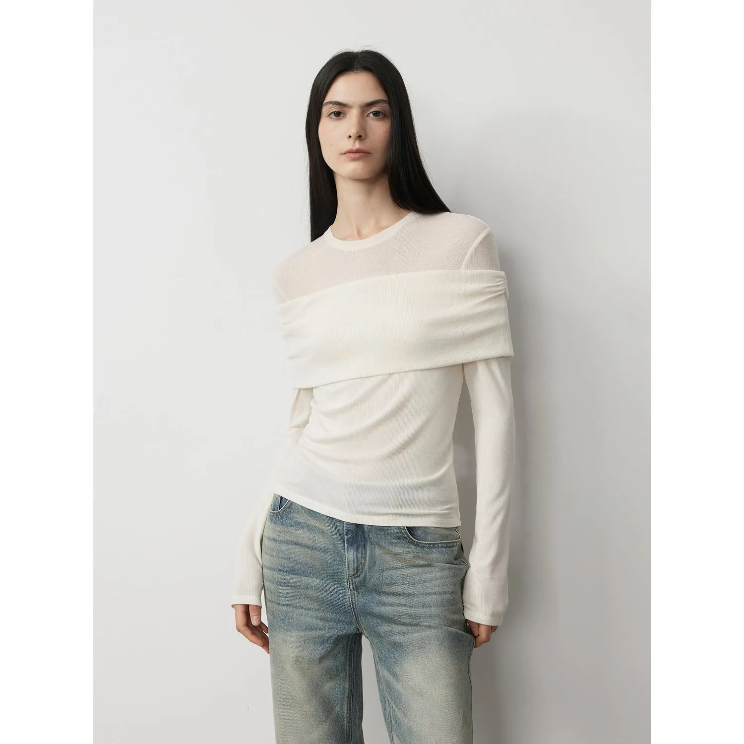 "Modern Tricks" personalized layered Tencel wool fake two-piece splicing one-shoulder versatile knitted top sold by Firelady Sheepskin product image thumbnail 5
