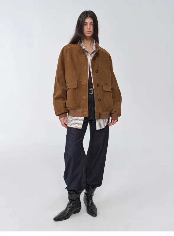 "Spring Whisper" Vintage imported suede sheepskin leather ribbed patchwork jacket sold by Firelady Sheepskin