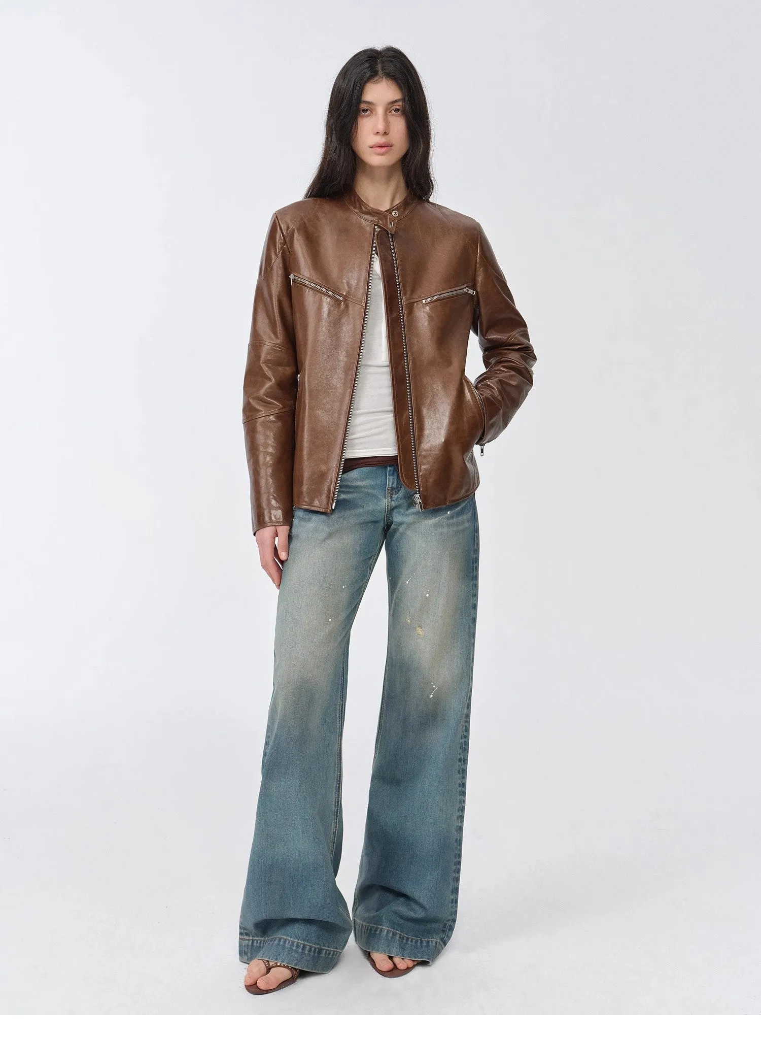 "Manhattan Dark Night" New Zealand imported waxed sheepskin/cowhide vintage motorcycle leather jacket sold by Firelady Sheepskin