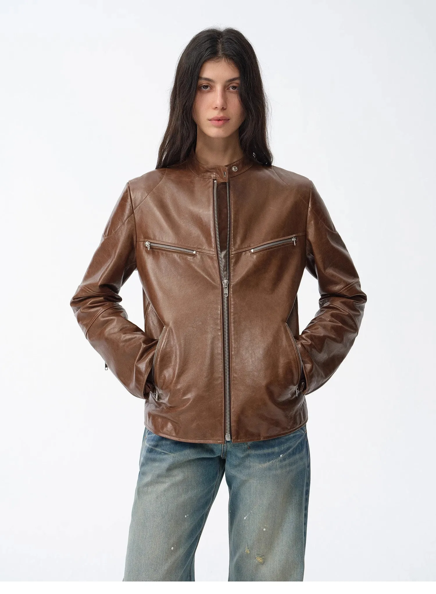 "Manhattan Dark Night" New Zealand imported waxed sheepskin/cowhide vintage motorcycle leather jacket sold by Firelady Sheepskin product image thumbnail 2