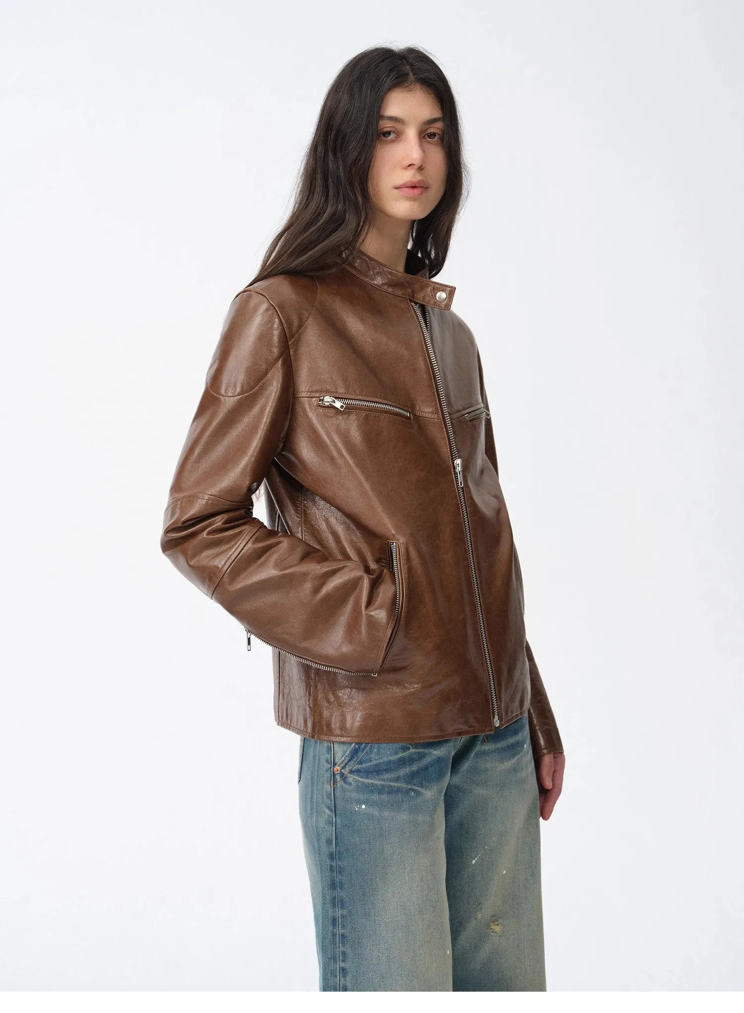 "Manhattan Dark Night" New Zealand imported waxed sheepskin/cowhide vintage motorcycle leather jacket sold by Firelady Sheepskin product image thumbnail 5