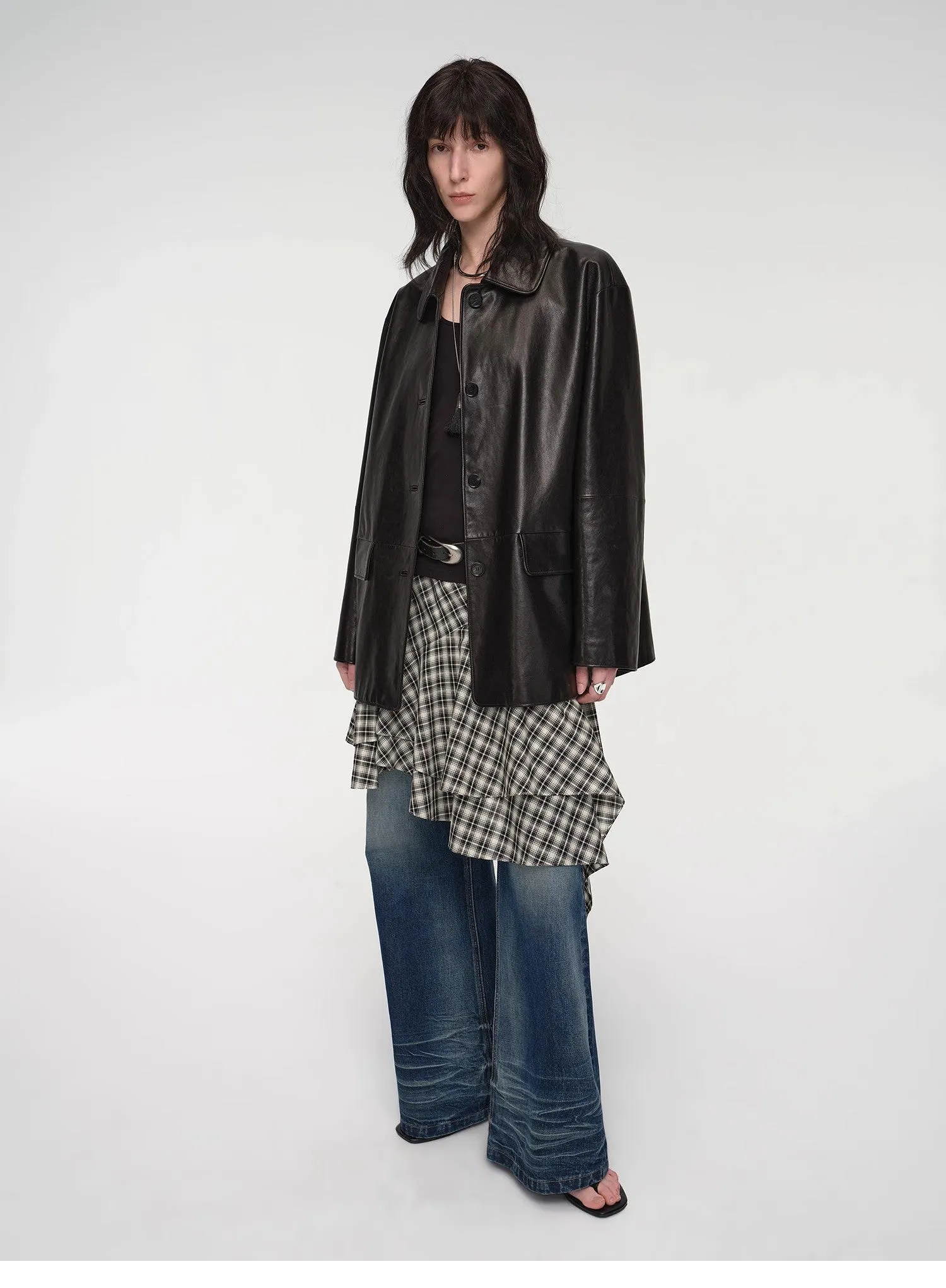 "Fashionable Kuoxi" goatskin simple and versatile retro suit-style leather windbreaker jacket sold by Firelady Sheepskin