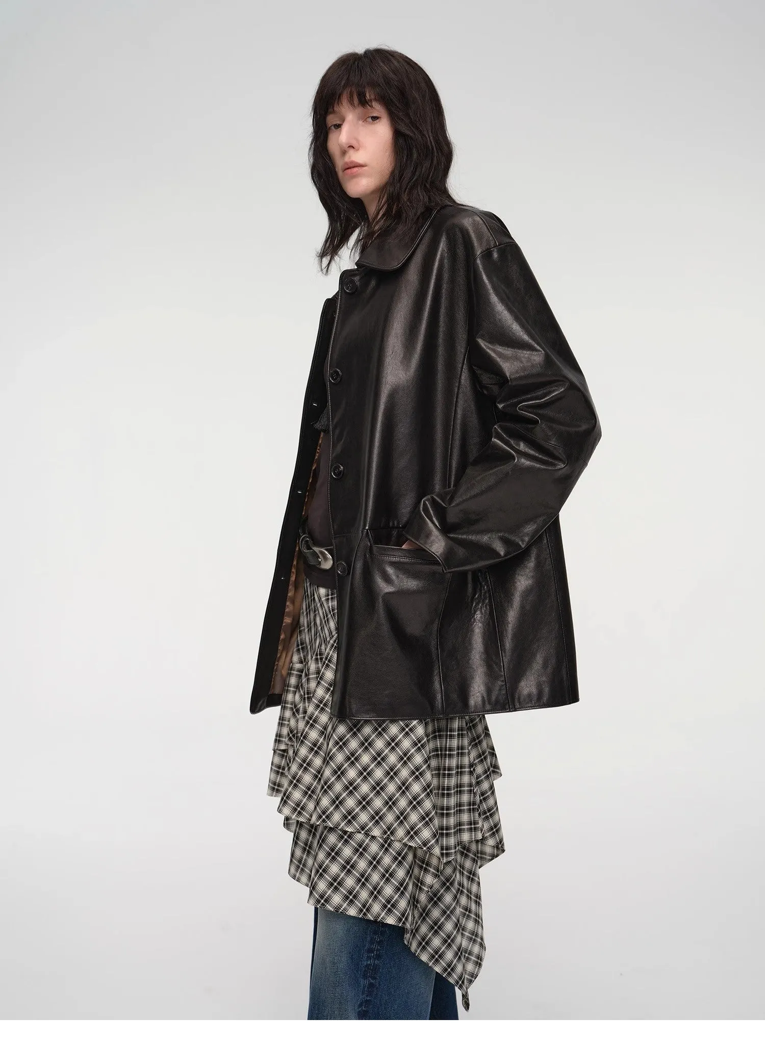 "Fashionable Kuoxi" goatskin simple and versatile retro suit-style leather windbreaker jacket sold by Firelady Sheepskin product image thumbnail 5