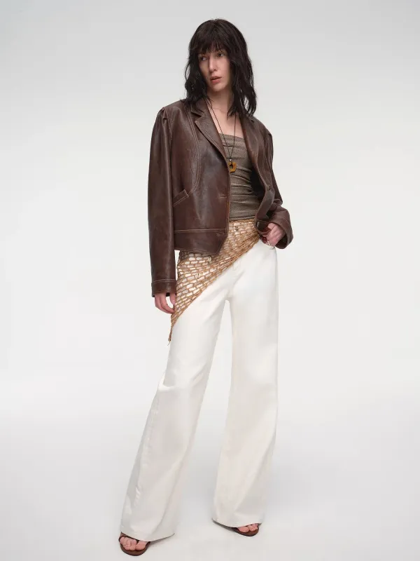 "Vintage Old Stories" New Zealand imported waxed sheepskin distressed short leather jacket sold by Firelady Sheepskin