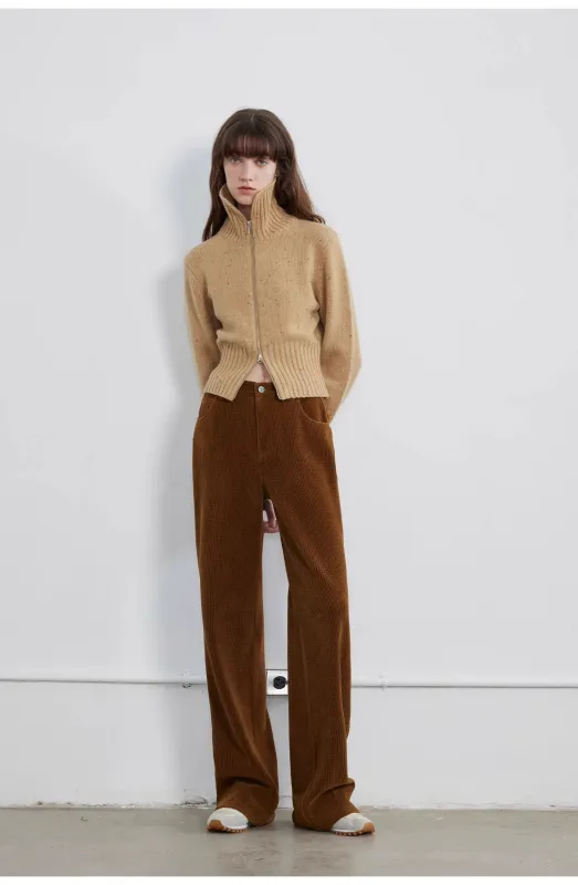 "Autumn Breeze Tea" colorful dotted wool-blend double-zip knitted cardigan short stand-up collar sweater made by Firelady Fur