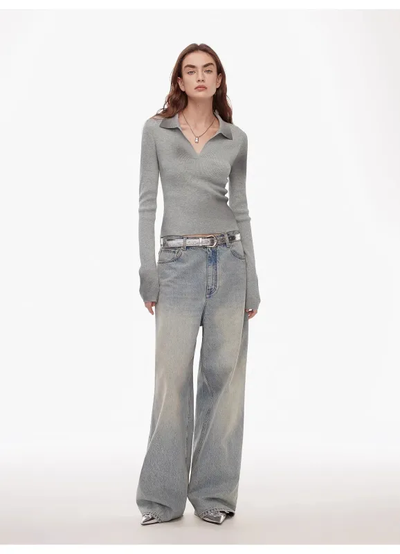 "Artistic Abstract" sfumato distressed printed merino wool waisted polo collar long sleeve short knit sweater sold by Firelady Sheepskin