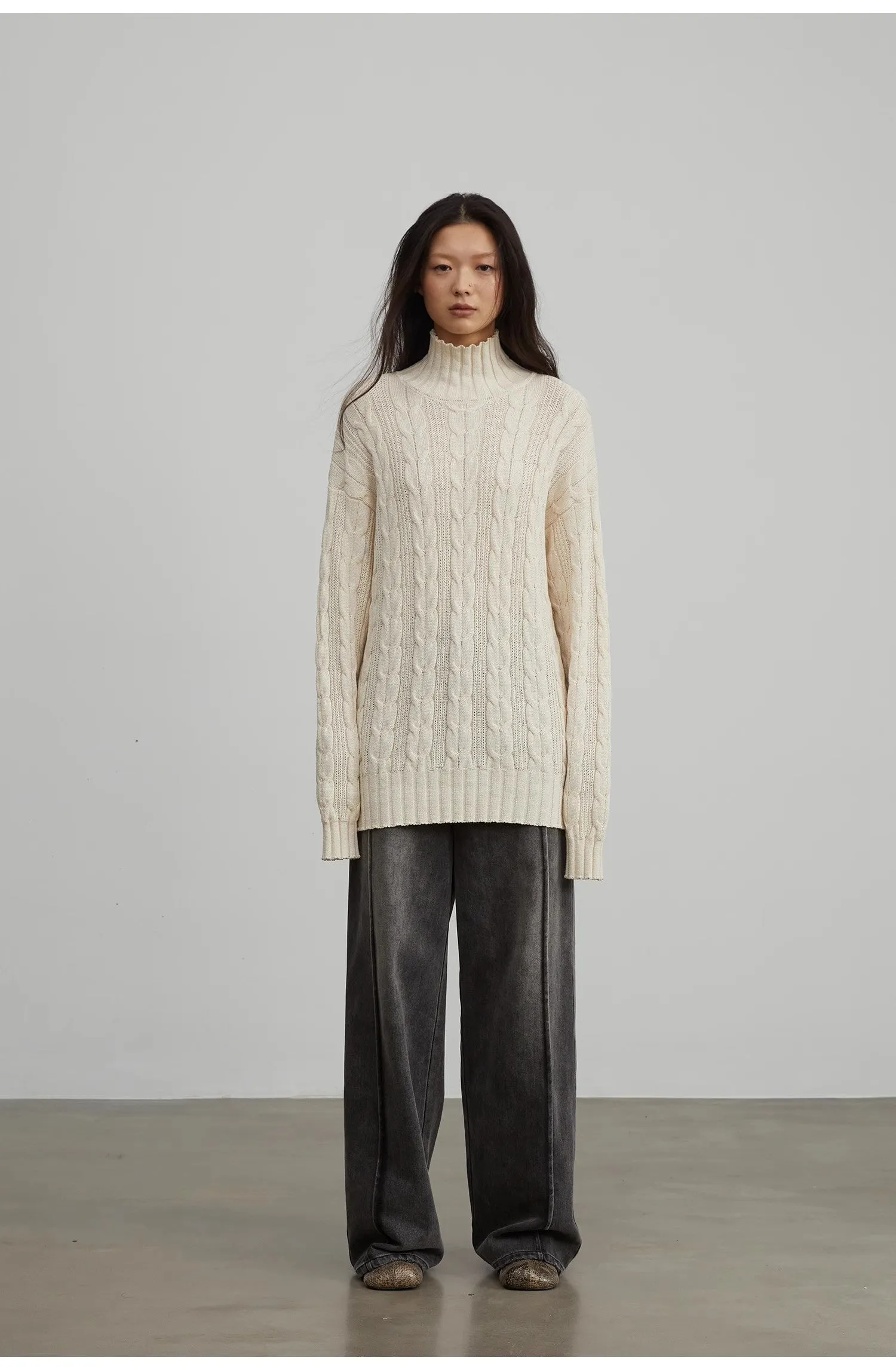 "Warm-Embrace Jacquard"Loose slimming straight high collar fashion top 100% cotton women's winter sold by Firelady Sheepskin