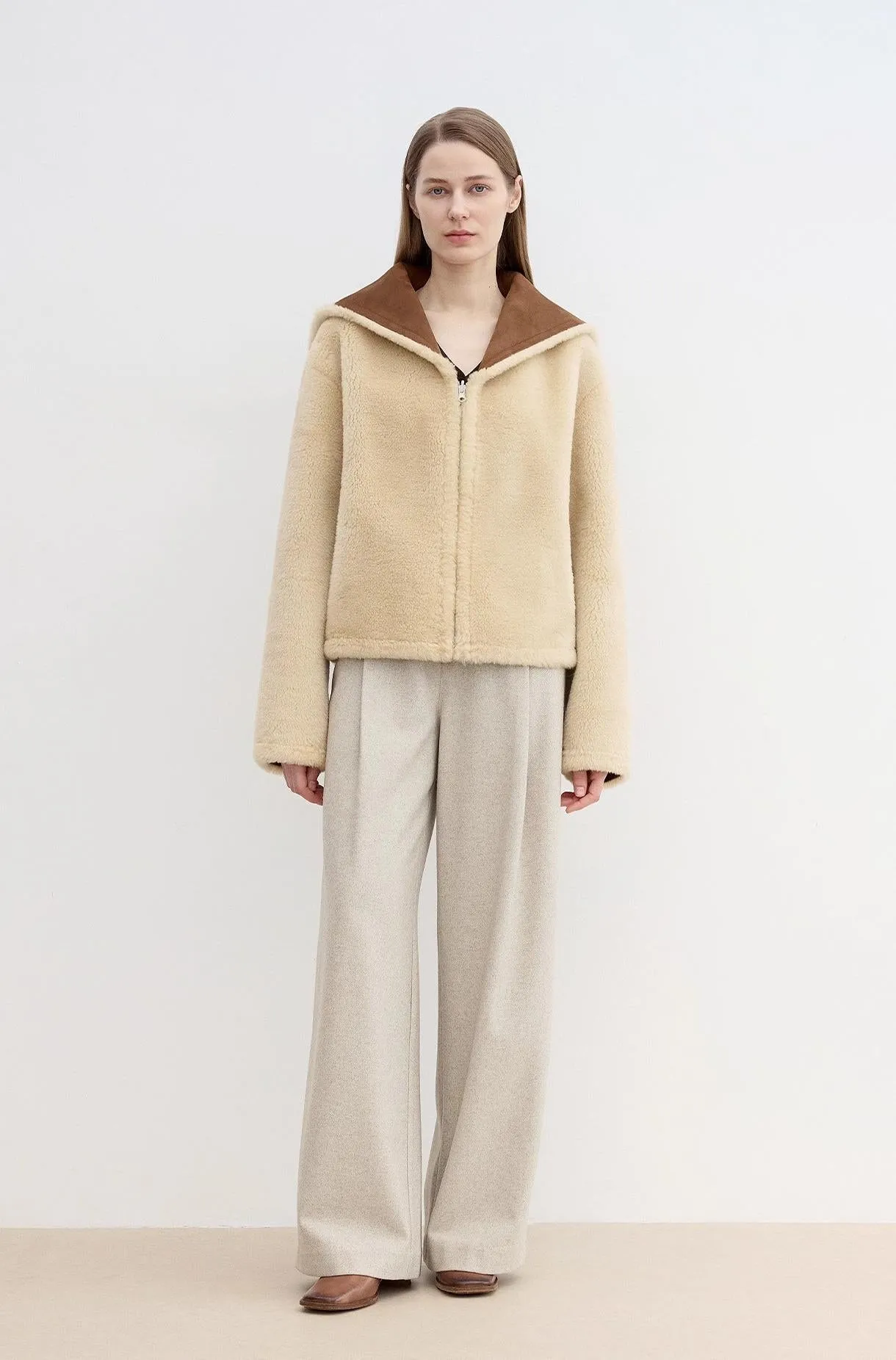 Floating Dune Contrast Navy Collar Shearling Jacket sold by Firelady Sheepskin product image thumbnail 5