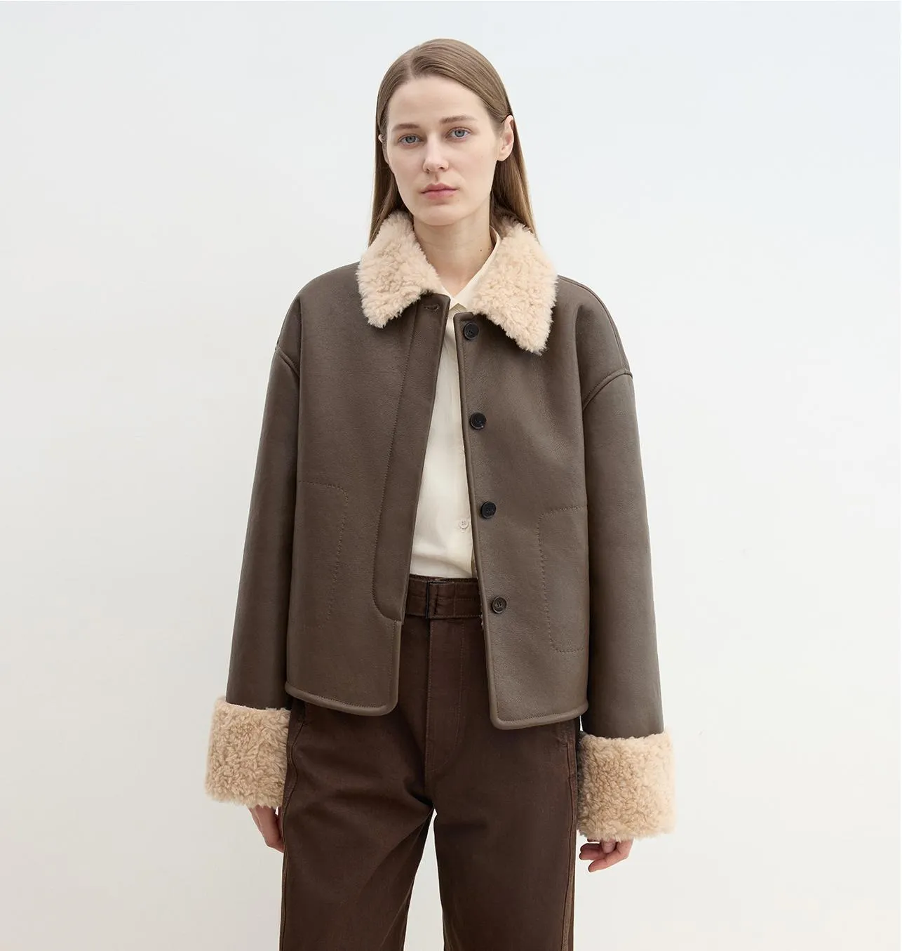 Slightly Sweet Latte Second Generation Furry Lapel Casual Straight Shorn Shearling Jacket sold by Firelady Sheepskin product image thumbnail 2