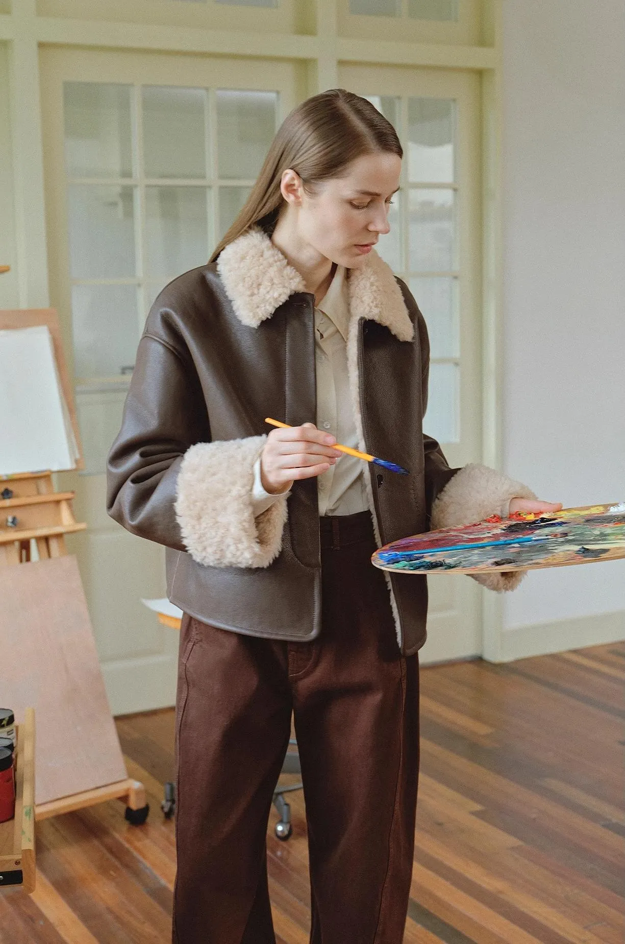 Slightly Sweet Latte Second Generation Furry Lapel Casual Straight Shorn Shearling Jacket sold by Firelady Sheepskin product image thumbnail 3