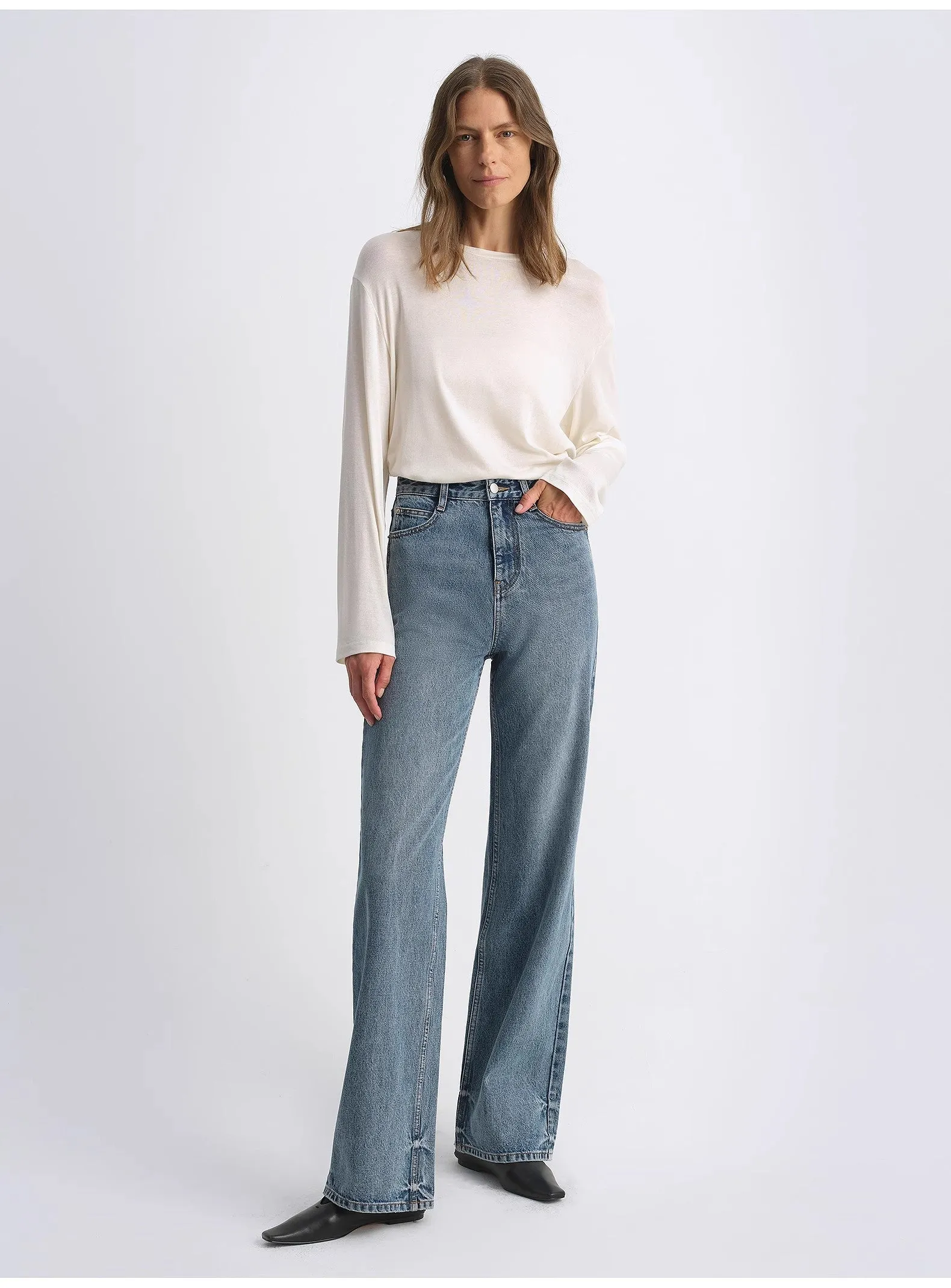 Classic retro old money style, craft washed organic cotton, retro straight slim jeans sold by Firelady Sheepskin
