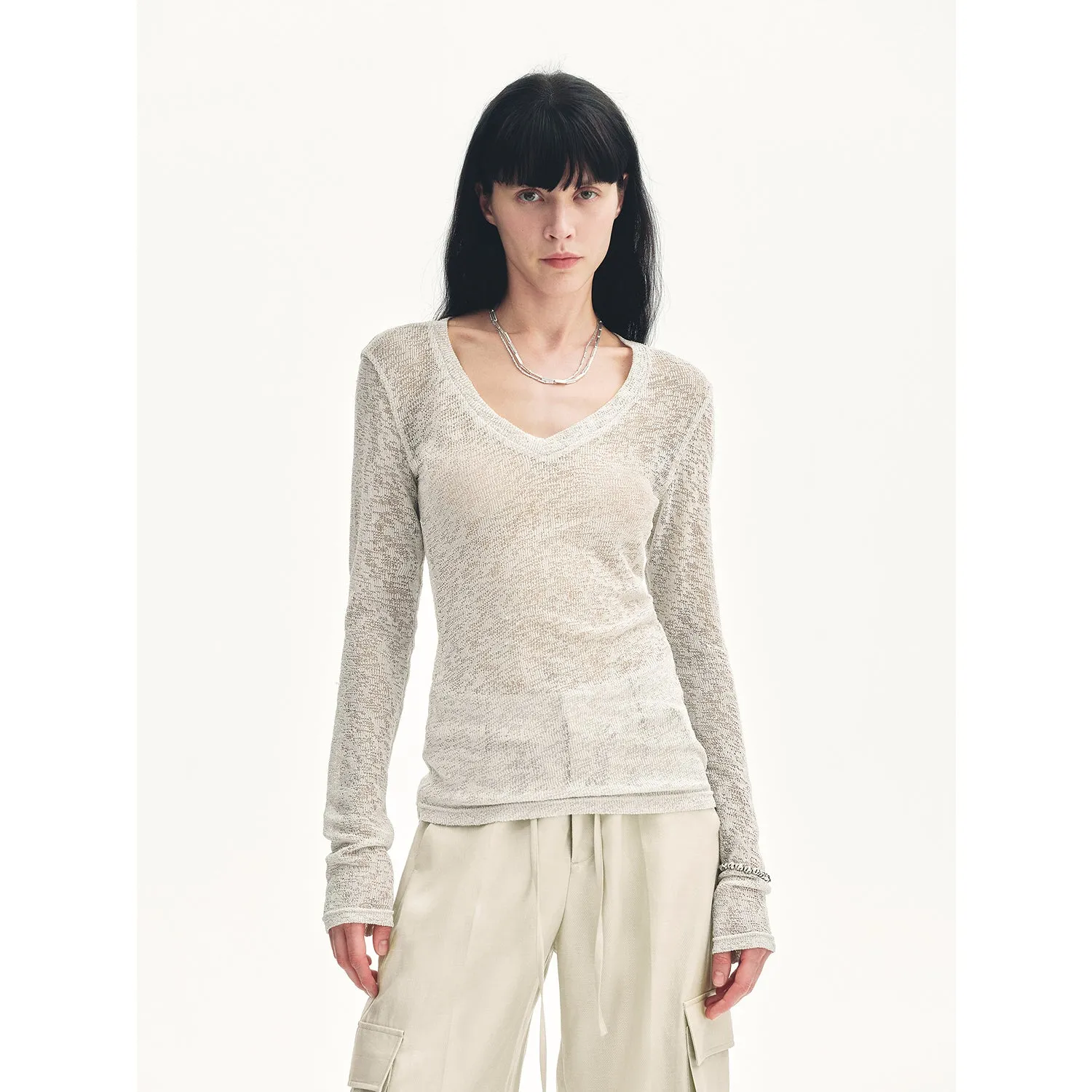 "Spring Old Dream" Loose and versatile slightly hollow V-neck straight shoulder top sold by Firelady Sheepskin product image thumbnail 3