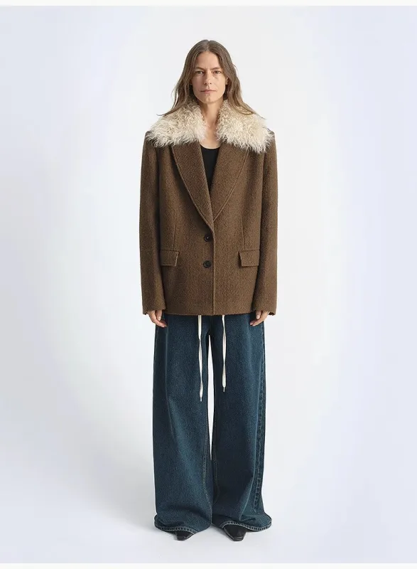"Vertical Texture" Wool Tweed Coat Detachable Fur Collar Suit Parker sold by Firelady Sheepskin