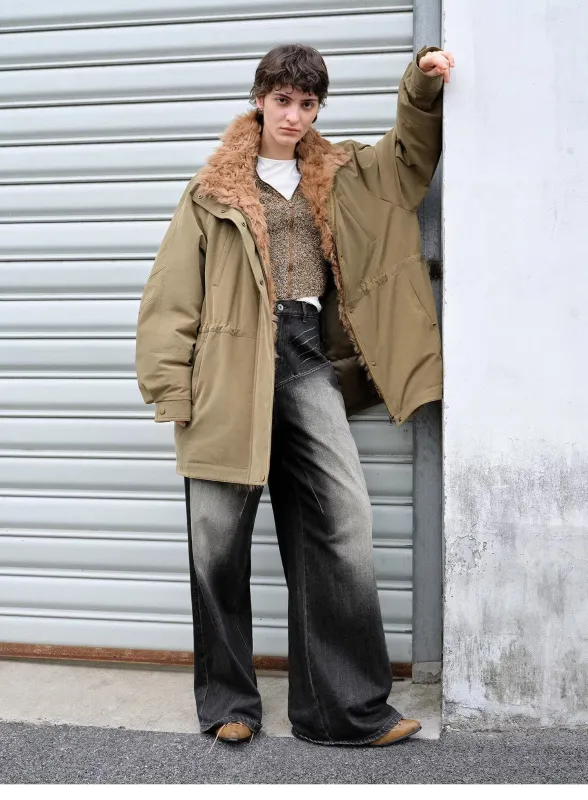 "Amber Pine Forest" fashionable Toka curly collar 90 goose down H-type drawstring mid-length parka down jacket sold by Firelady Sheepskin