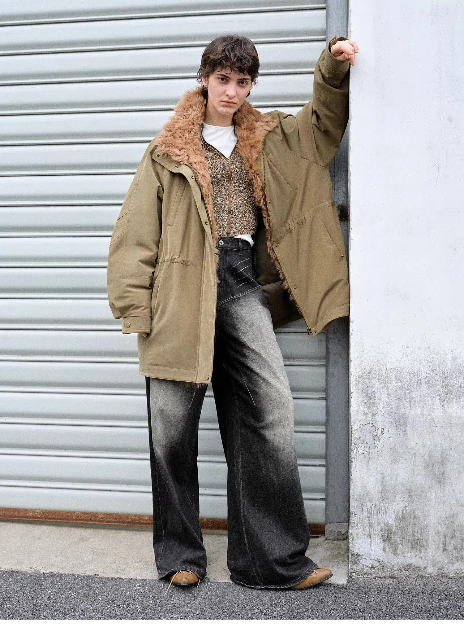 "Amber Pine Forest" fashionable Toka curly collar 90 goose down H-type drawstring mid-length parka down jacket sold by Firelady Sheepskin