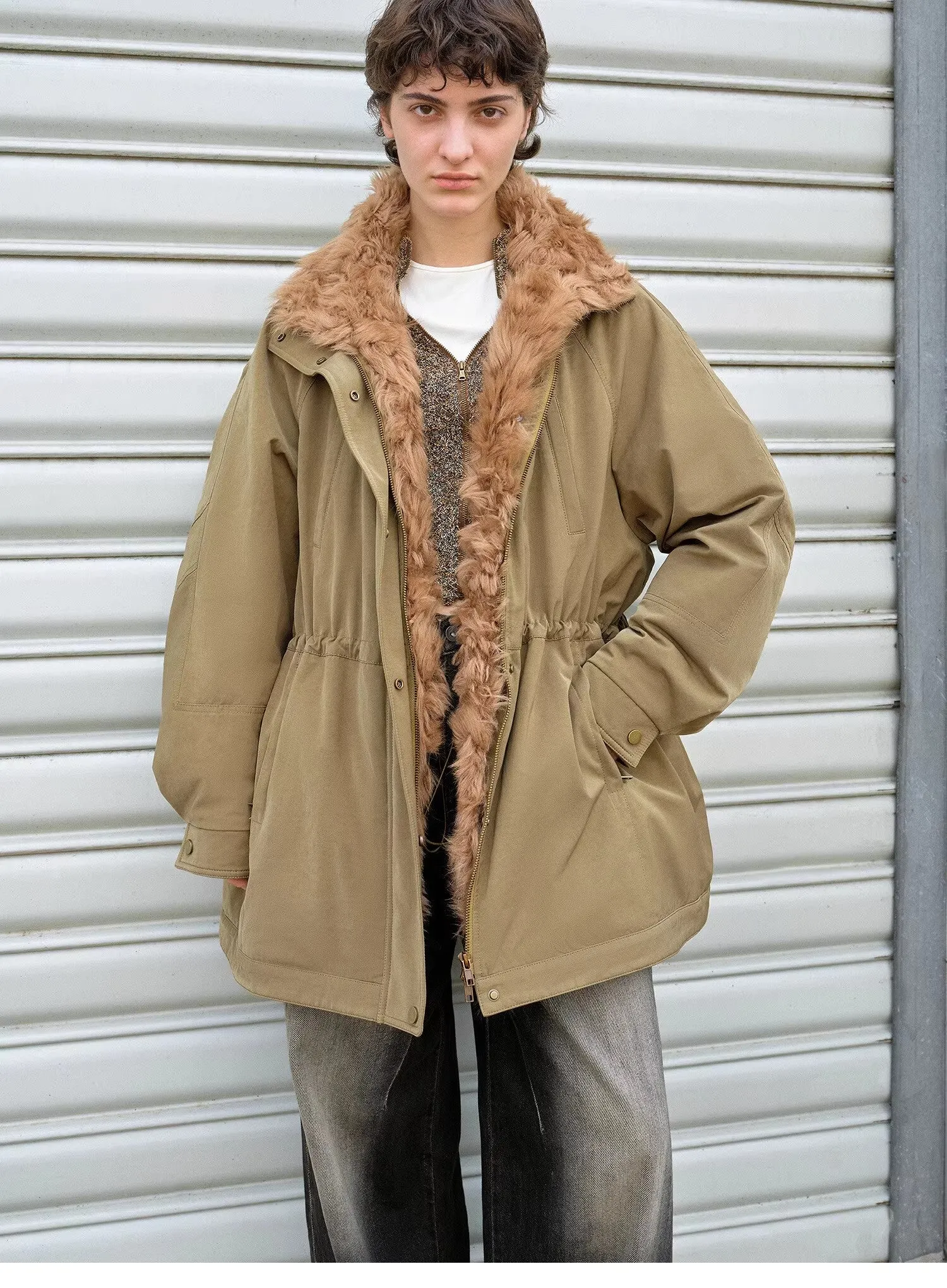 "Amber Pine Forest" fashionable Toka curly collar 90 goose down H-type drawstring mid-length parka down jacket sold by Firelady Sheepskin product image thumbnail 5