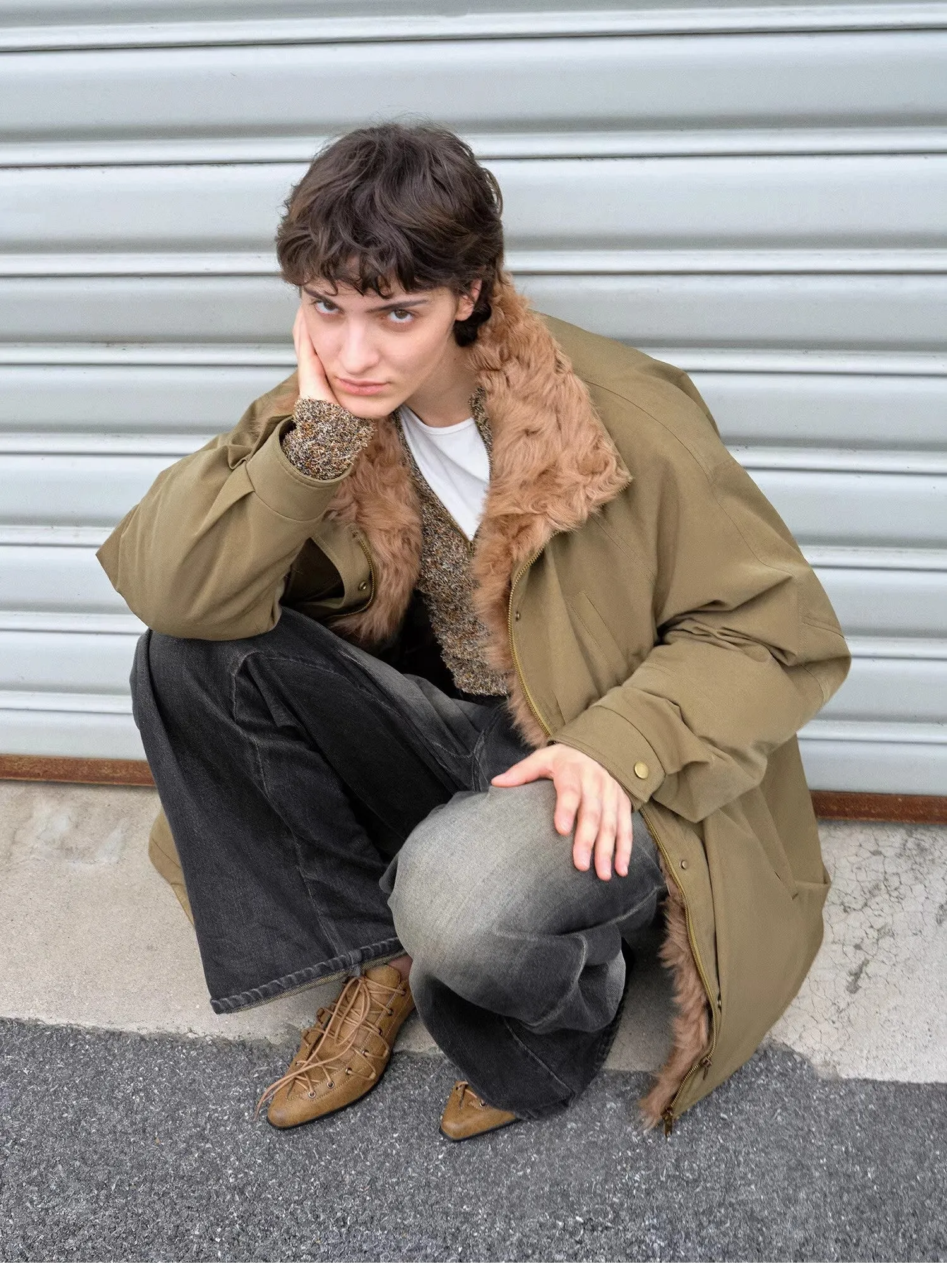 "Amber Pine Forest" fashionable Toka curly collar 90 goose down H-type drawstring mid-length parka down jacket sold by Firelady Sheepskin product image thumbnail 2