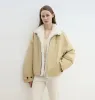 "Rebellious Escape" detachable contrasting color shearling fur collar down short parka sold by Firelady Sheepskin