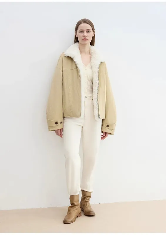 "Rebellious Escape" detachable contrasting color shearling fur collar down short parka sold by Firelady Sheepskin