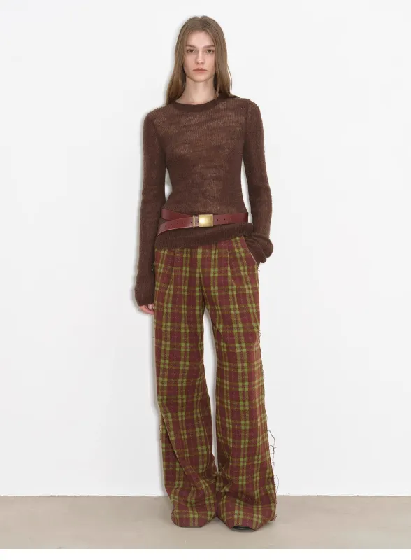 "Vintage Opportunity" High-Proportion Merino Wool Single Pleated Plaid Tweed Low-Rise Wide-Leg Casual Pants sold by Firelady Sheepskin