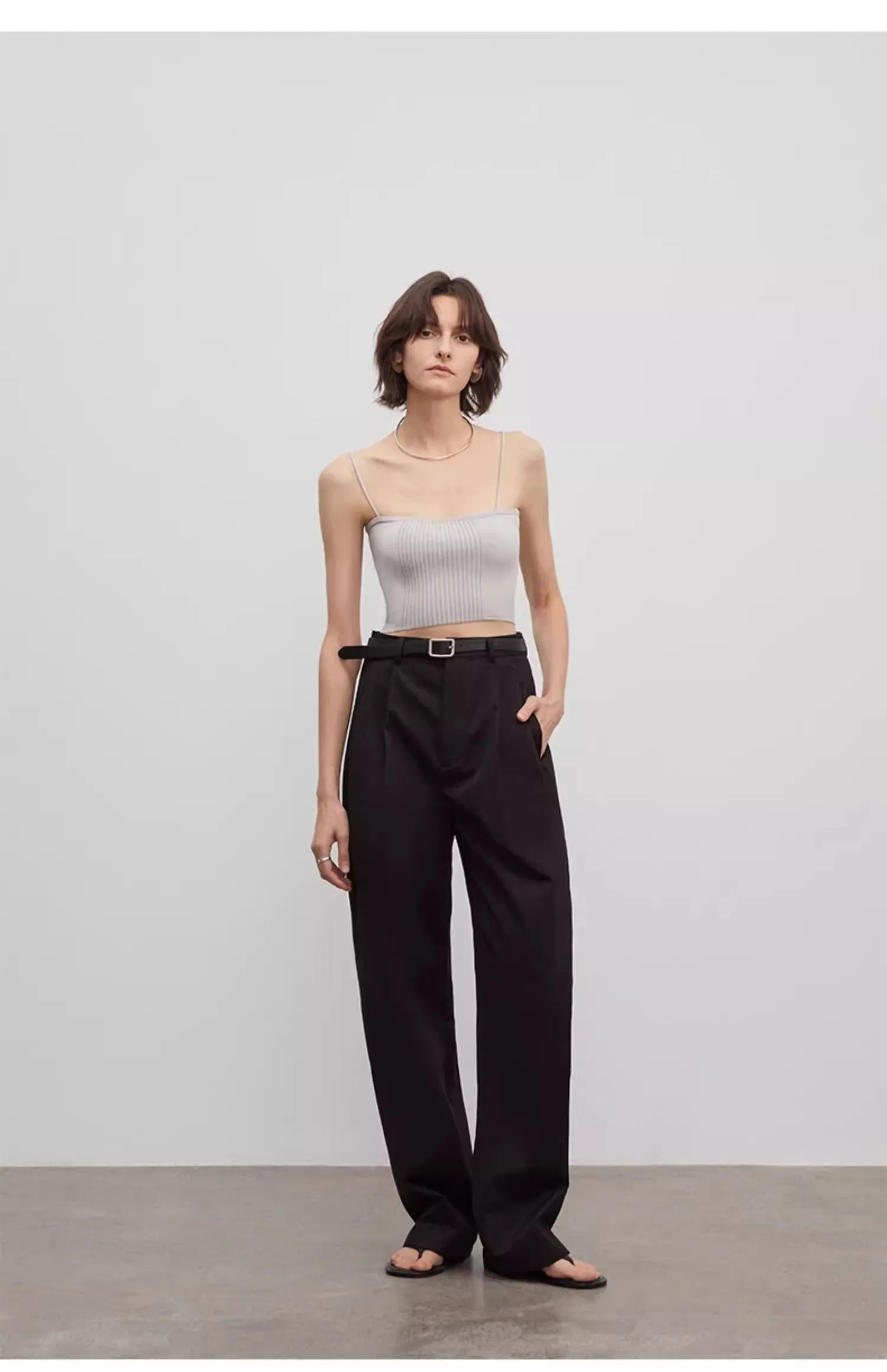 Spliced double-pleat wide-leg trousers straight-leg trousers for women sold by Firelady Sheepskin