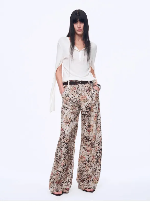 "Slow Paris" Vintage Print Linen Blend Cut Scimitar Wide Leg Casual Pants sold by Firelady Sheepskin